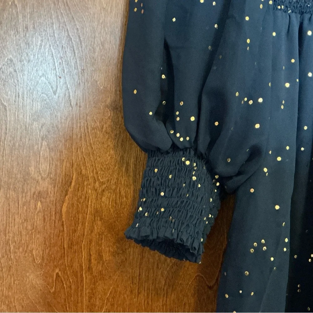 Soieblu Semi Sheer High Low Lined Maxi Dress Navy Button Up Sparkly Gold Dots L - Picture 4 of 8
